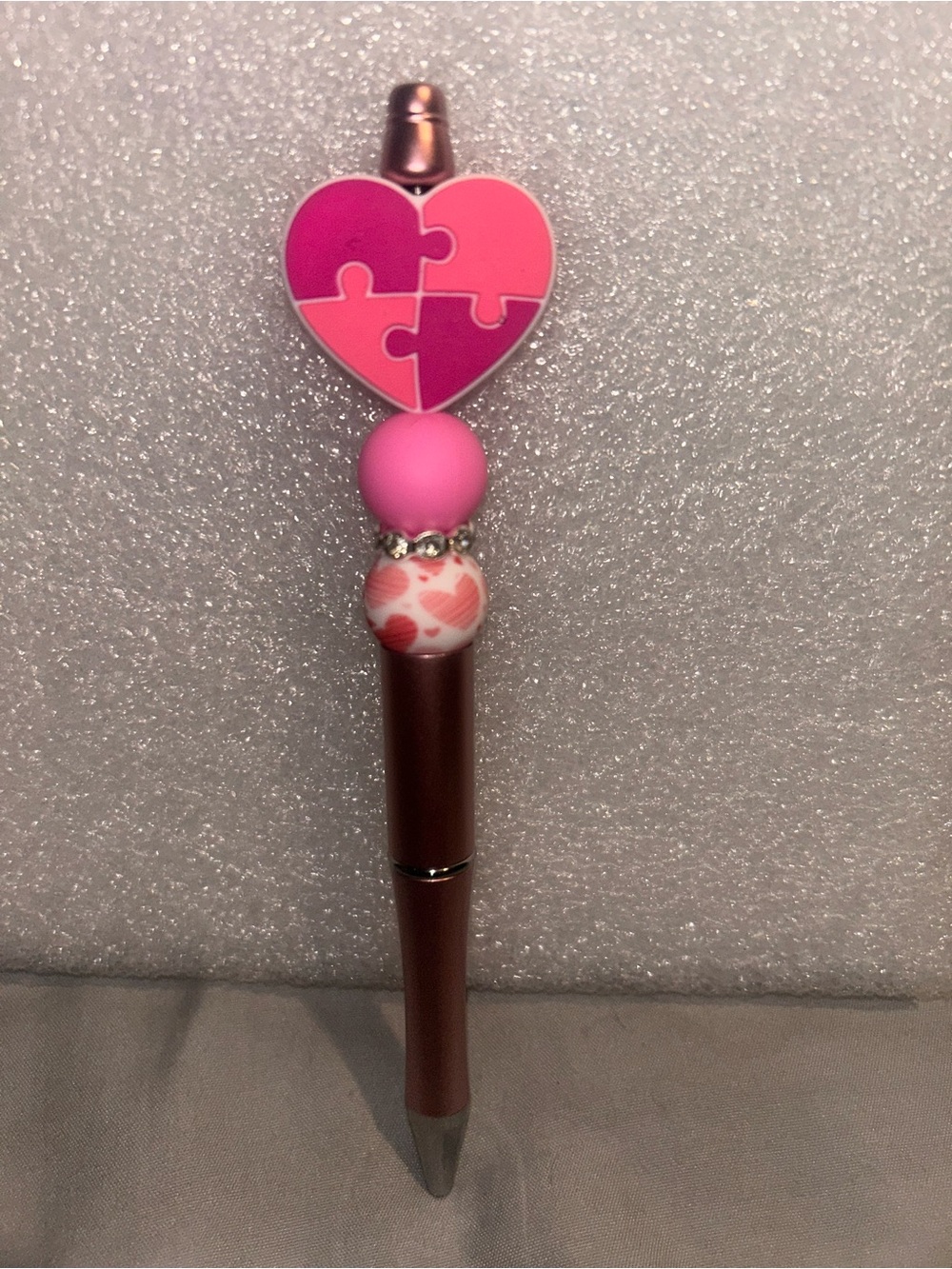 Hand Crafted Pink Puzzle Heart Beaded Pen